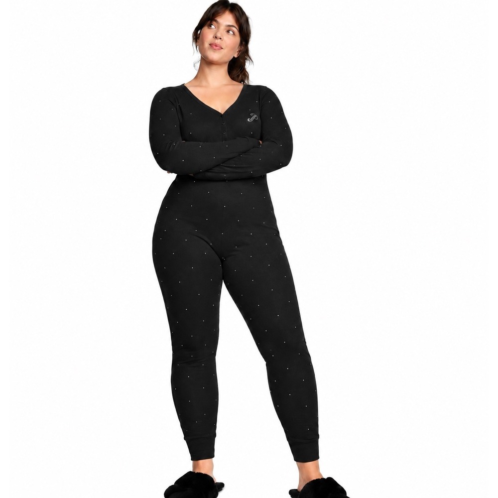 PINK VS Thermal One Piece Pajamas XXL Black Rhinestone Bling Henley Y2K Onesie